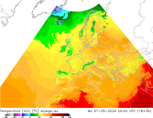 température (2m) Arpege-eu lun 27.05.2024 06 UTC