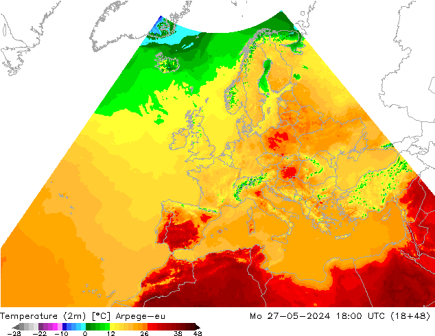 Temperature (2m) Arpege-eu Mo 27.05.2024 18 UTC