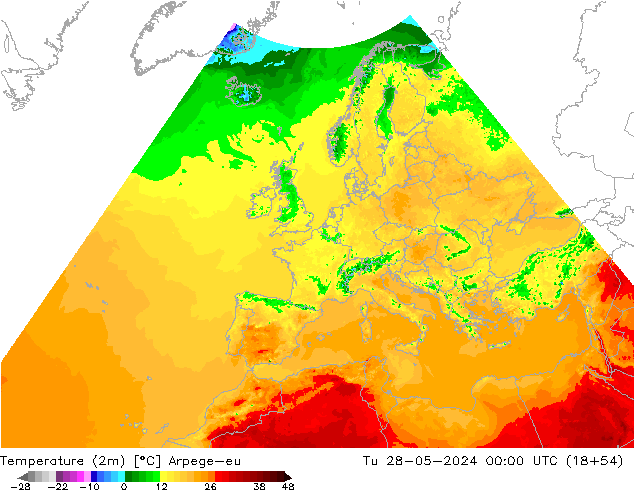 Temperature (2m) Arpege-eu Tu 28.05.2024 00 UTC