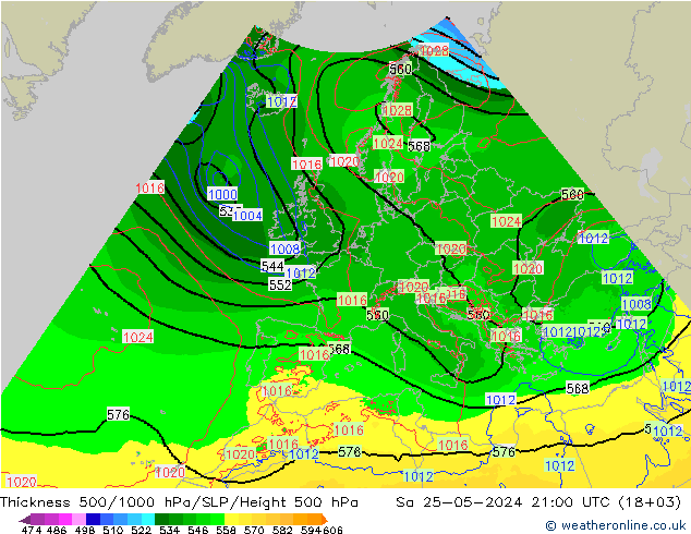 Schichtdicke 500-1000 hPa Arpege-eu Sa 25.05.2024 21 UTC