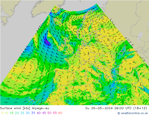 Wind 10 m Arpege-eu zo 26.05.2024 06 UTC
