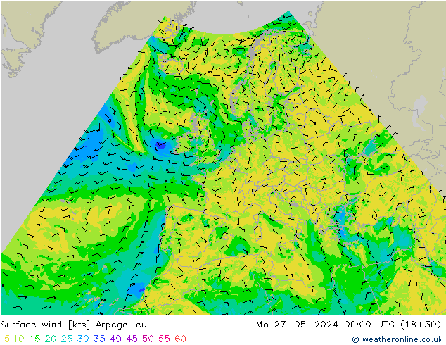 Surface wind Arpege-eu Mo 27.05.2024 00 UTC
