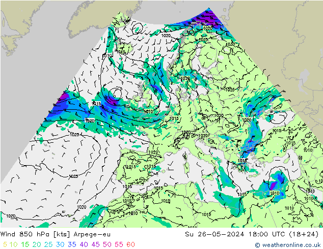 wiatr 850 hPa Arpege-eu nie. 26.05.2024 18 UTC