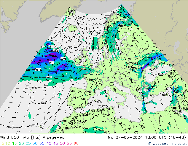 Wind 850 hPa Arpege-eu Mo 27.05.2024 18 UTC