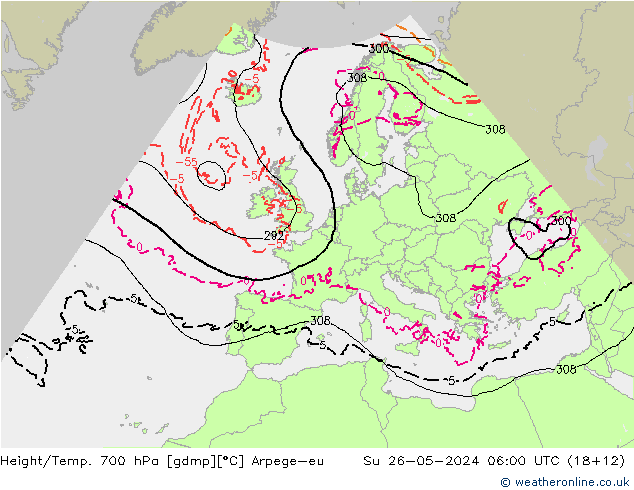 Hoogte/Temp. 700 hPa Arpege-eu zo 26.05.2024 06 UTC