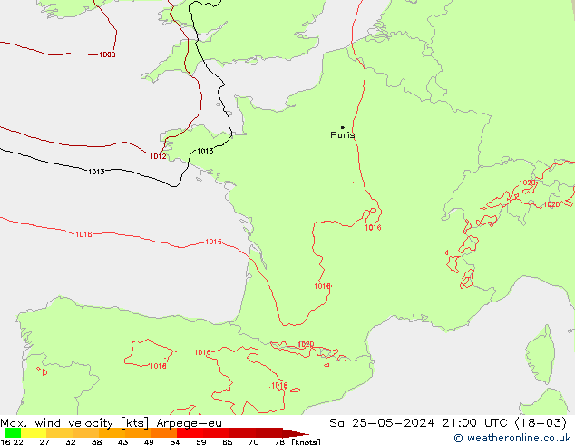 Max. wind snelheid Arpege-eu za 25.05.2024 21 UTC