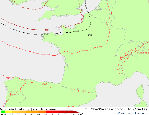 Max. wind velocity Arpege-eu Su 26.05.2024 06 UTC