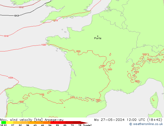 Max. wind velocity Arpege-eu пн 27.05.2024 12 UTC