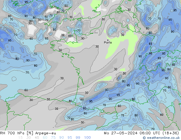 RH 700 hPa Arpege-eu lun 27.05.2024 06 UTC