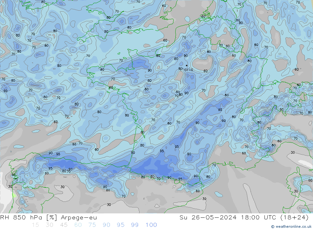 RH 850 гПа Arpege-eu Вс 26.05.2024 18 UTC