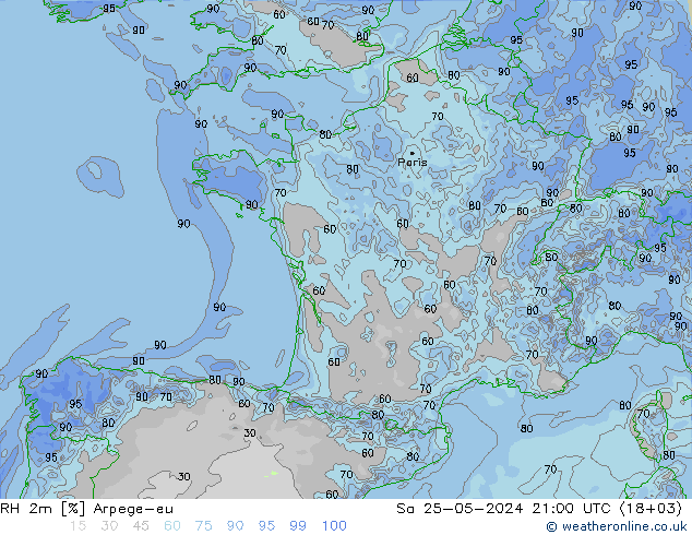 Humidité rel. 2m Arpege-eu sam 25.05.2024 21 UTC