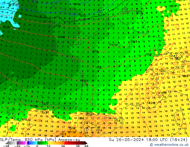 SLP/Temp. 850 hPa Arpege-eu zo 26.05.2024 18 UTC