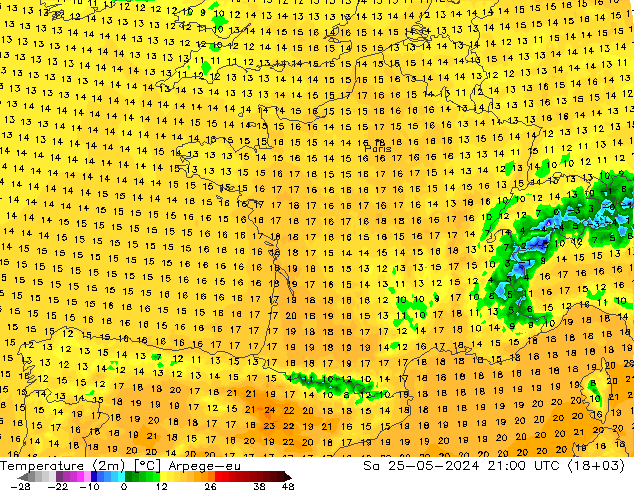 Temperaturkarte (2m) Arpege-eu Sa 25.05.2024 21 UTC