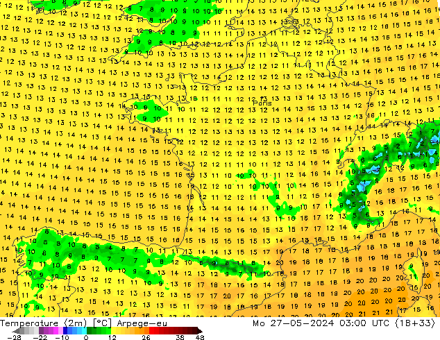 Temperature (2m) Arpege-eu Mo 27.05.2024 03 UTC