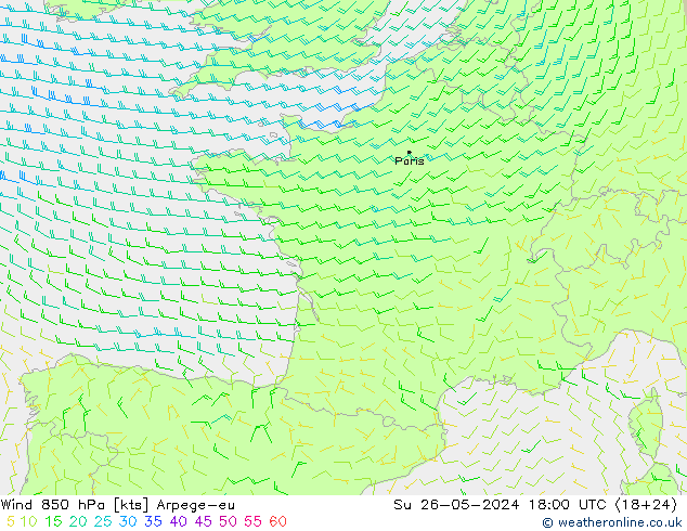 ветер 850 гПа Arpege-eu Вс 26.05.2024 18 UTC