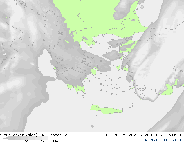 Cloud cover (high) Arpege-eu Tu 28.05.2024 03 UTC