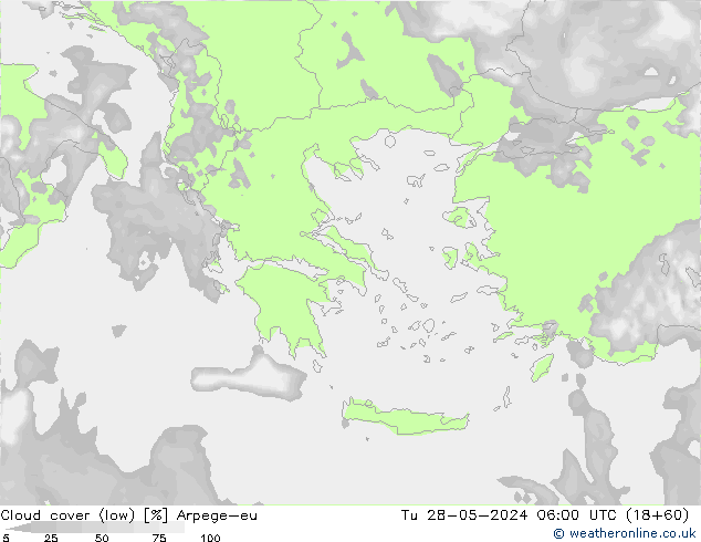 Cloud cover (low) Arpege-eu Tu 28.05.2024 06 UTC