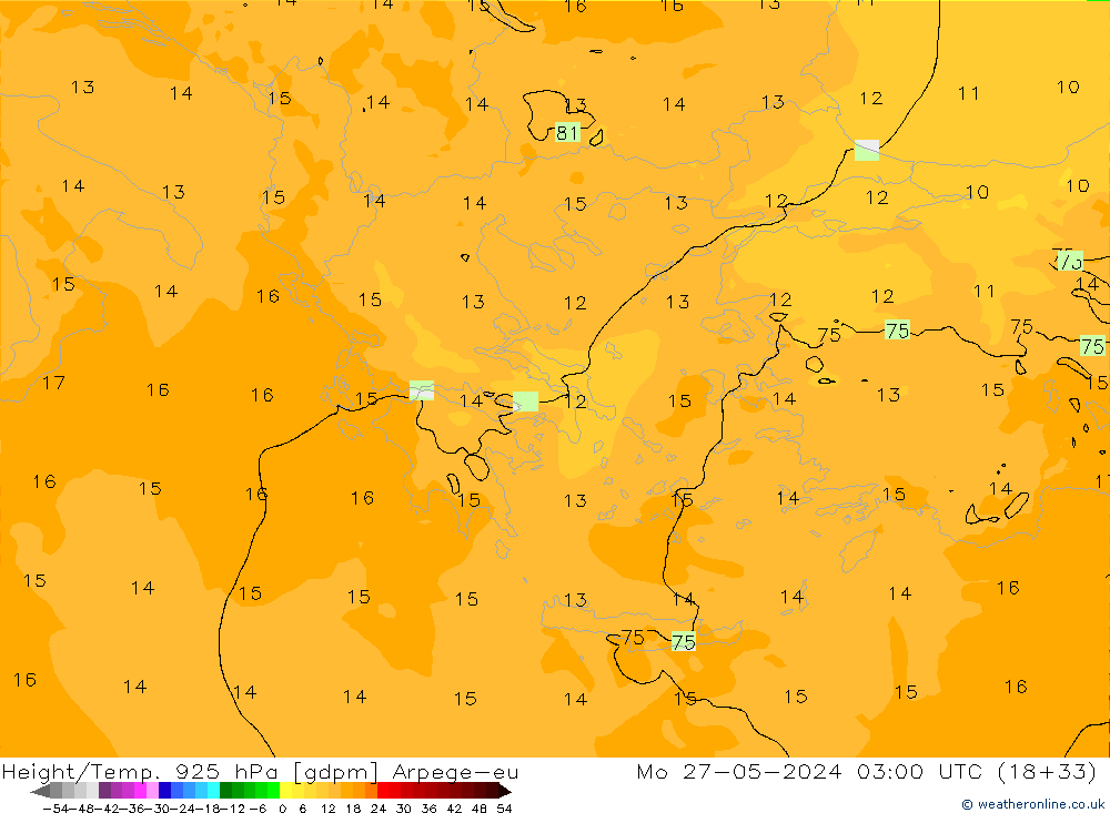 Height/Temp. 925 гПа Arpege-eu пн 27.05.2024 03 UTC