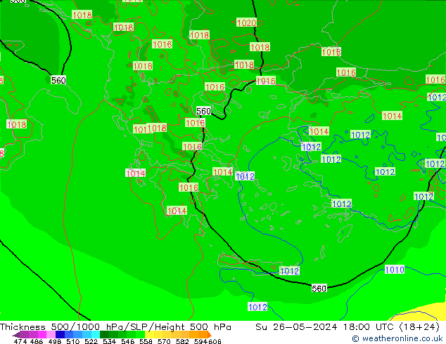 Espesor 500-1000 hPa Arpege-eu dom 26.05.2024 18 UTC