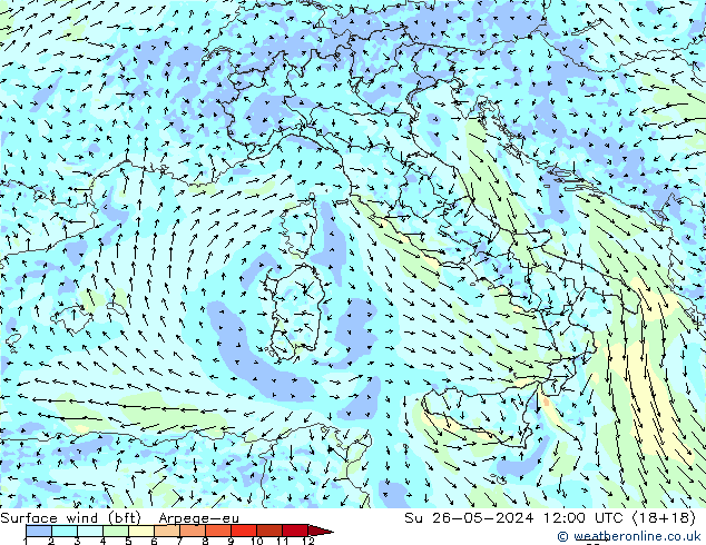 Surface wind (bft) Arpege-eu Ne 26.05.2024 12 UTC