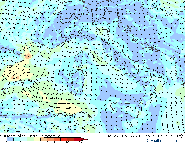 Wind 10 m (bft) Arpege-eu ma 27.05.2024 18 UTC