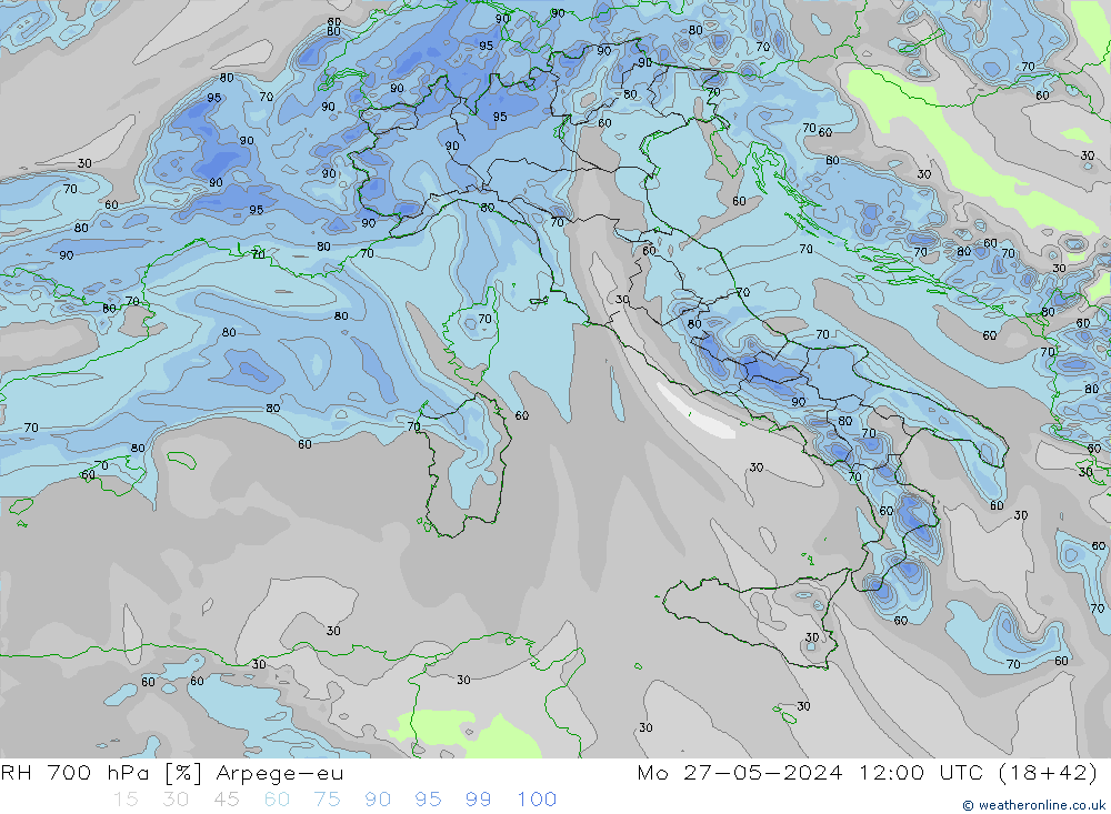 RH 700 hPa Arpege-eu Mo 27.05.2024 12 UTC