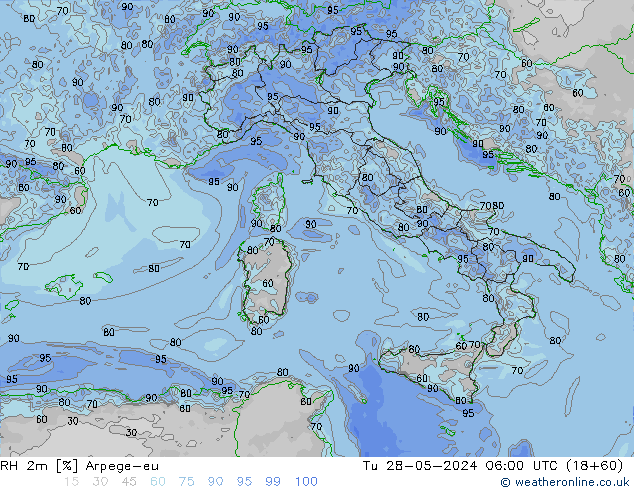 RH 2m Arpege-eu Tu 28.05.2024 06 UTC