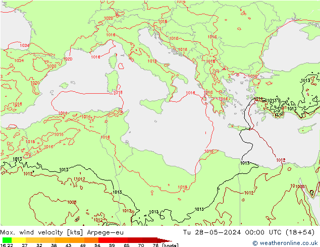 Max. wind velocity Arpege-eu wto. 28.05.2024 00 UTC