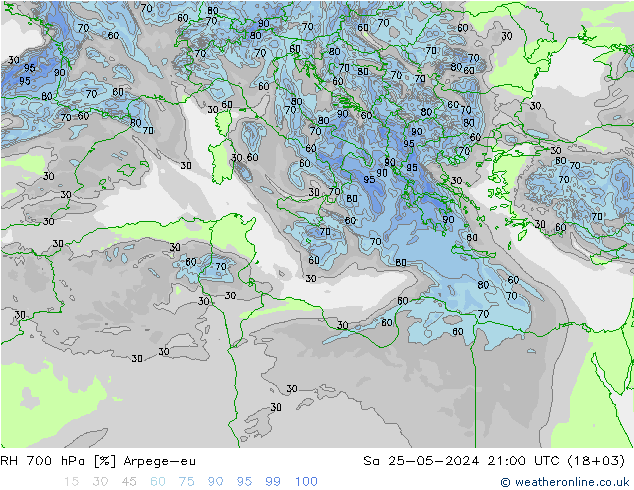 RH 700 hPa Arpege-eu sab 25.05.2024 21 UTC