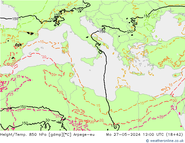 Height/Temp. 850 hPa Arpege-eu Po 27.05.2024 12 UTC