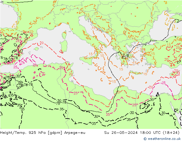 Hoogte/Temp. 925 hPa Arpege-eu zo 26.05.2024 18 UTC