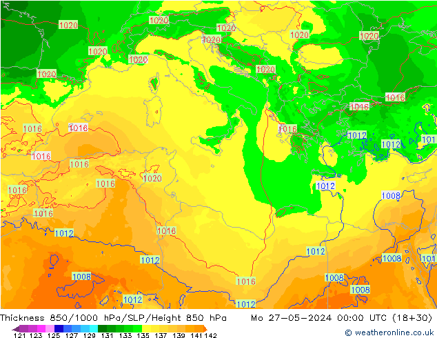 Thck 850-1000 hPa Arpege-eu Mo 27.05.2024 00 UTC