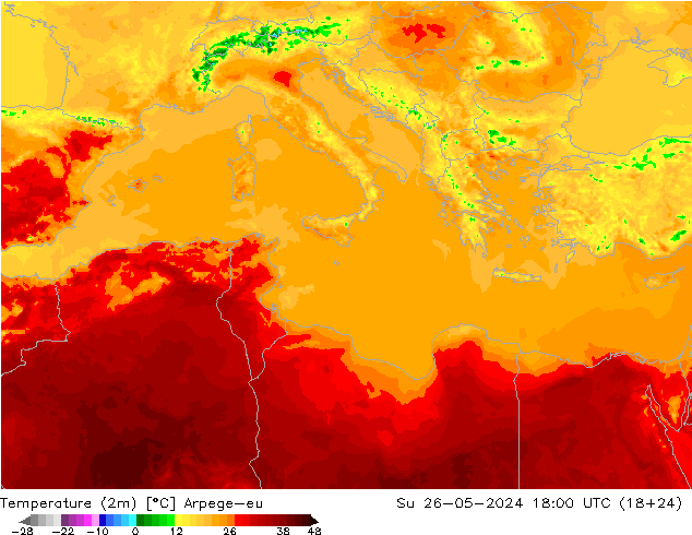 Sıcaklık Haritası (2m) Arpege-eu Paz 26.05.2024 18 UTC