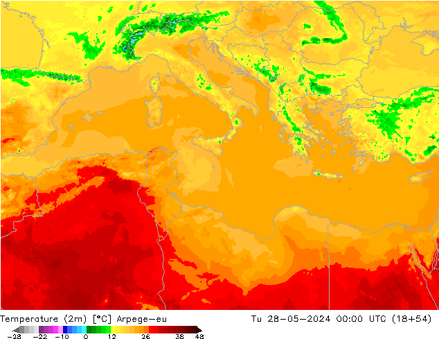 Temperature (2m) Arpege-eu Tu 28.05.2024 00 UTC