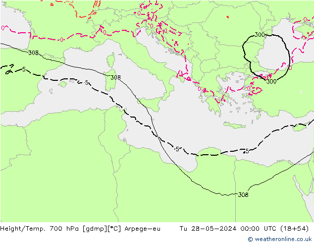 Height/Temp. 700 hPa Arpege-eu Tu 28.05.2024 00 UTC