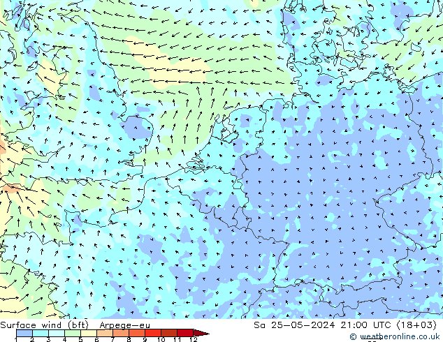 Surface wind (bft) Arpege-eu Sa 25.05.2024 21 UTC