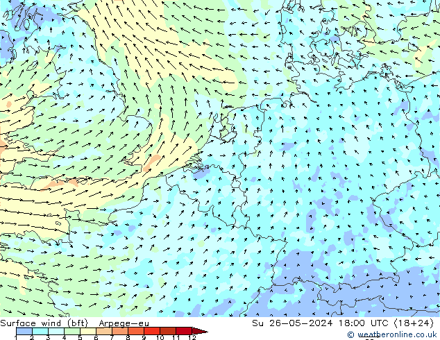 Bodenwind (bft) Arpege-eu So 26.05.2024 18 UTC