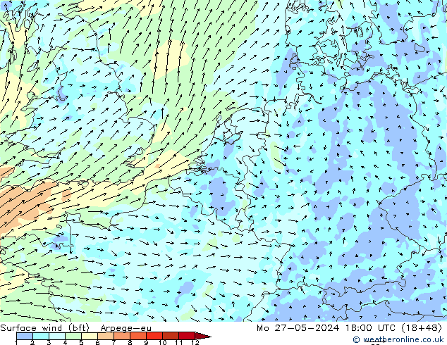 Viento 10 m (bft) Arpege-eu lun 27.05.2024 18 UTC