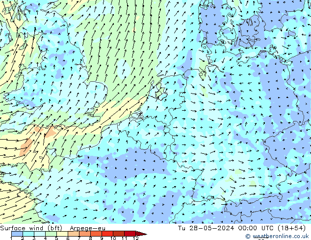 Surface wind (bft) Arpege-eu Tu 28.05.2024 00 UTC