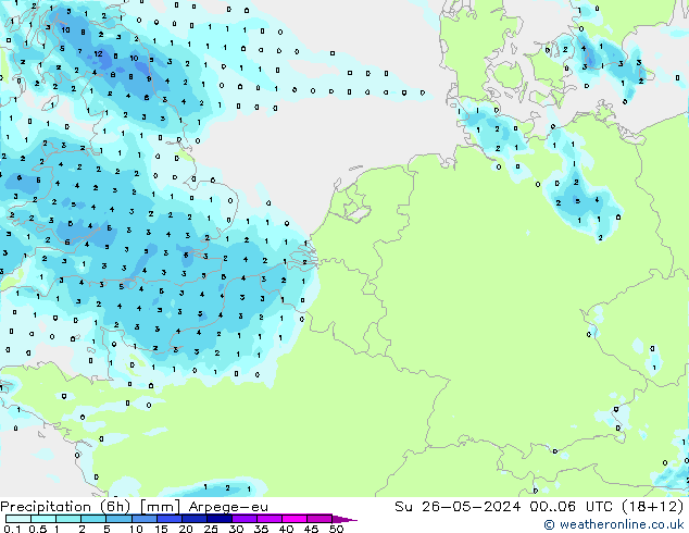 осадки (6h) Arpege-eu Вс 26.05.2024 06 UTC