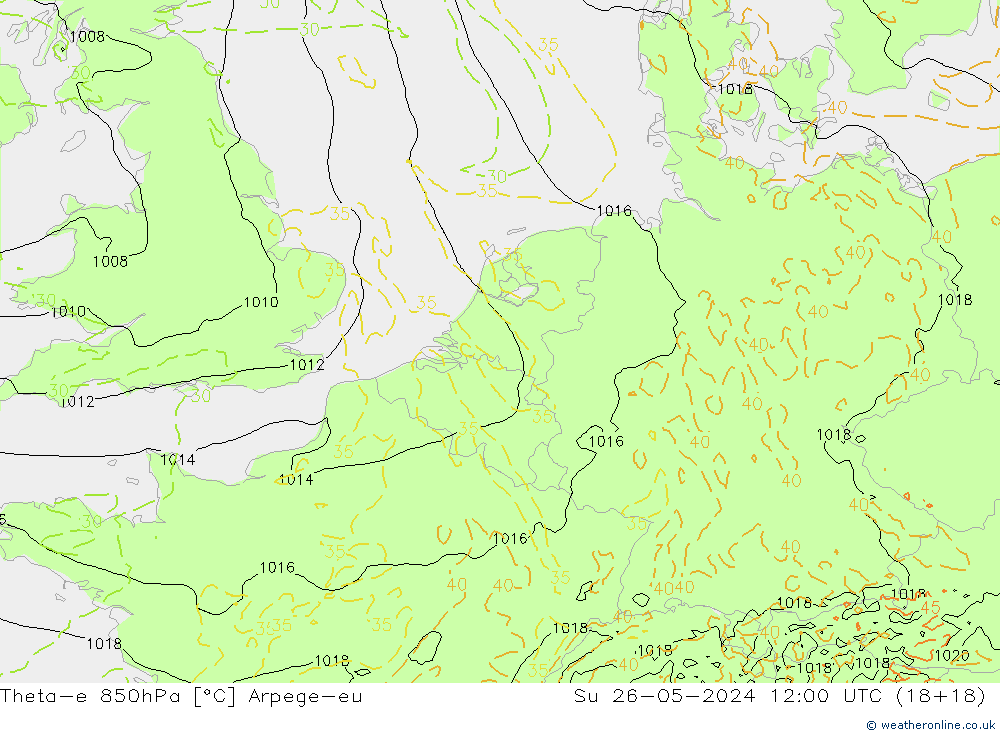 Theta-e 850hPa Arpege-eu Ne 26.05.2024 12 UTC