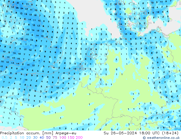 Precipitation accum. Arpege-eu nie. 26.05.2024 18 UTC