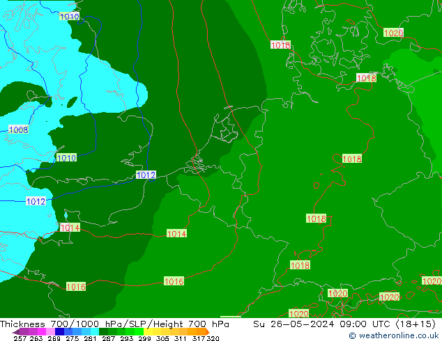 Schichtdicke 700-1000 hPa Arpege-eu So 26.05.2024 09 UTC