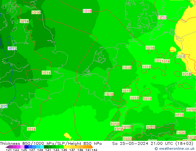 Schichtdicke 850-1000 hPa Arpege-eu Sa 25.05.2024 21 UTC