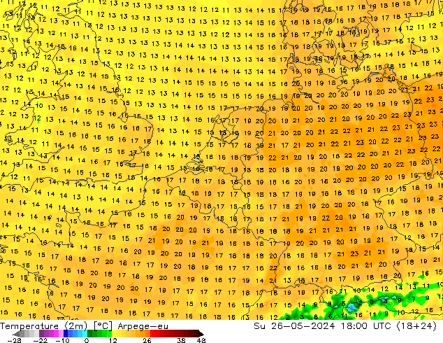 Temperatura (2m) Arpege-eu Dom 26.05.2024 18 UTC