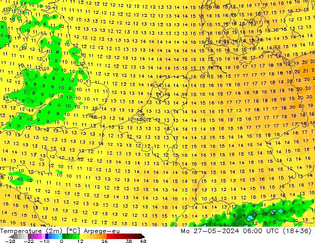 Temperature (2m) Arpege-eu Mo 27.05.2024 06 UTC