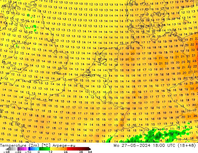 Temperaturkarte (2m) Arpege-eu Mo 27.05.2024 18 UTC