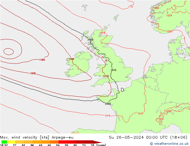 Max. wind velocity Arpege-eu Su 26.05.2024 00 UTC