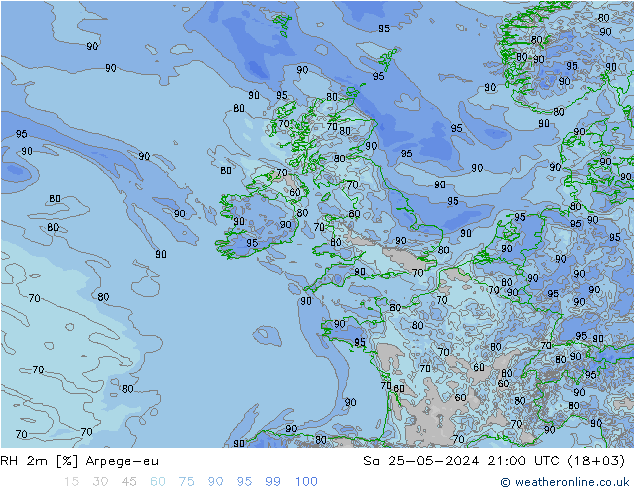 RH 2m Arpege-eu Sáb 25.05.2024 21 UTC