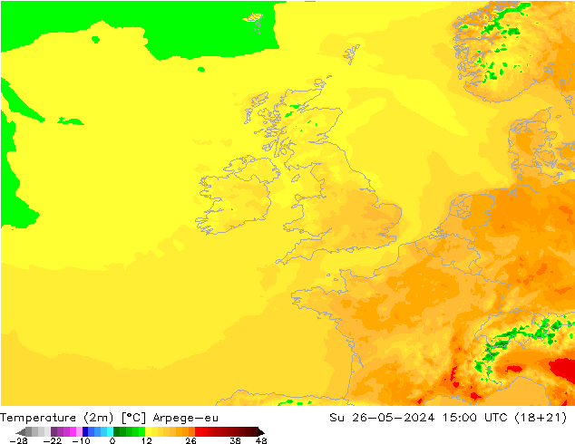 Temperatuurkaart (2m) Arpege-eu zo 26.05.2024 15 UTC